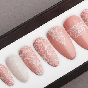Lace Wedding Press on Nails • Bridal nails • Bridesmaids Nails • Fake Nails • Hand painted nail art • False Nails • Wedding nails