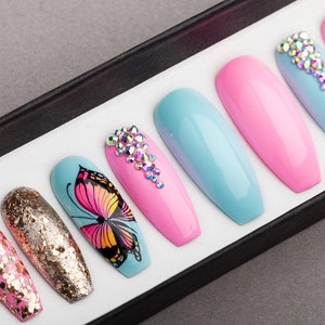 Summer Butterfly Press on Nails with Rhinestones • Hand-painted • Nail Art • Fake Nails • False Nails • Glue On Nails
