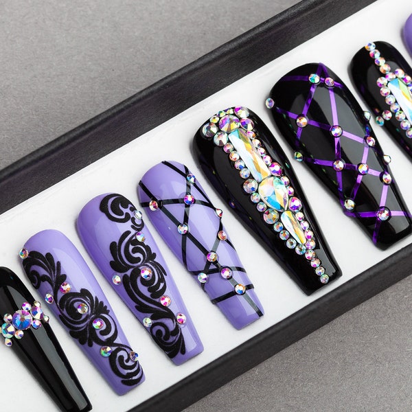 The Purple Royal Press on Nails with Rhinestones • Halloween nails • Hand painted Nail Art • Fake Nails • False Nails • Glue on nails