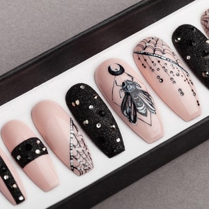 BarFly Press on Nails with Rhinestones • Gothic nails • Hand painted Nail Art • Fake Nails • False Nails • Rock Nails