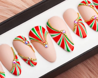Winter Candyland Press on Nails With Rhinestones • Winter nails • New Year Nails • 2023 nails • Christmas nails • Fake Nails • False Nails