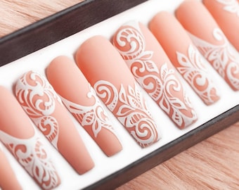 Beige Floral Press-On Nails • Luxury Bridal Hand-Painted Gel Set