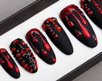 Black And Red Press on Nails with Rhinestones • Gothic nails • Hand painted Nail Art • Fake Nails • False Nails