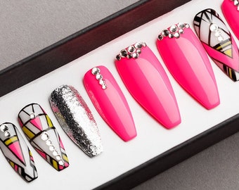 Pink Abstraction Press on Nails • Hand painted Nail Art • Fake Nails • False Nails • Artificial Nails • Glitters