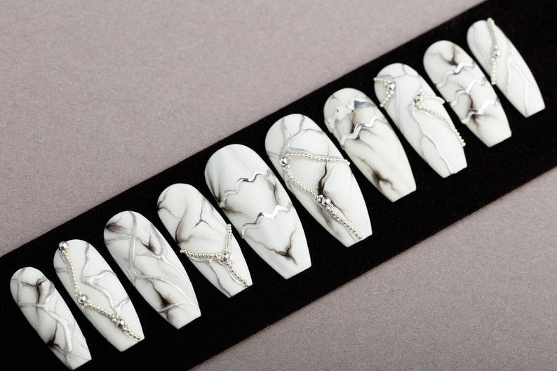 White Marble Press on Nails Fake Nails False Nails Glue Etsy