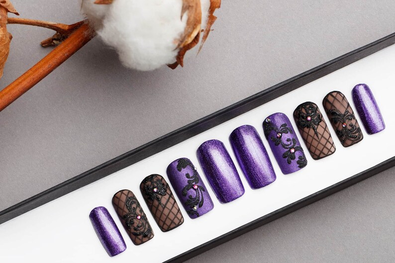 Violet Glitter Press on Nails with Rhinestones Black Pattern Hand painted Nail Art Fake Nails False Nails image 2