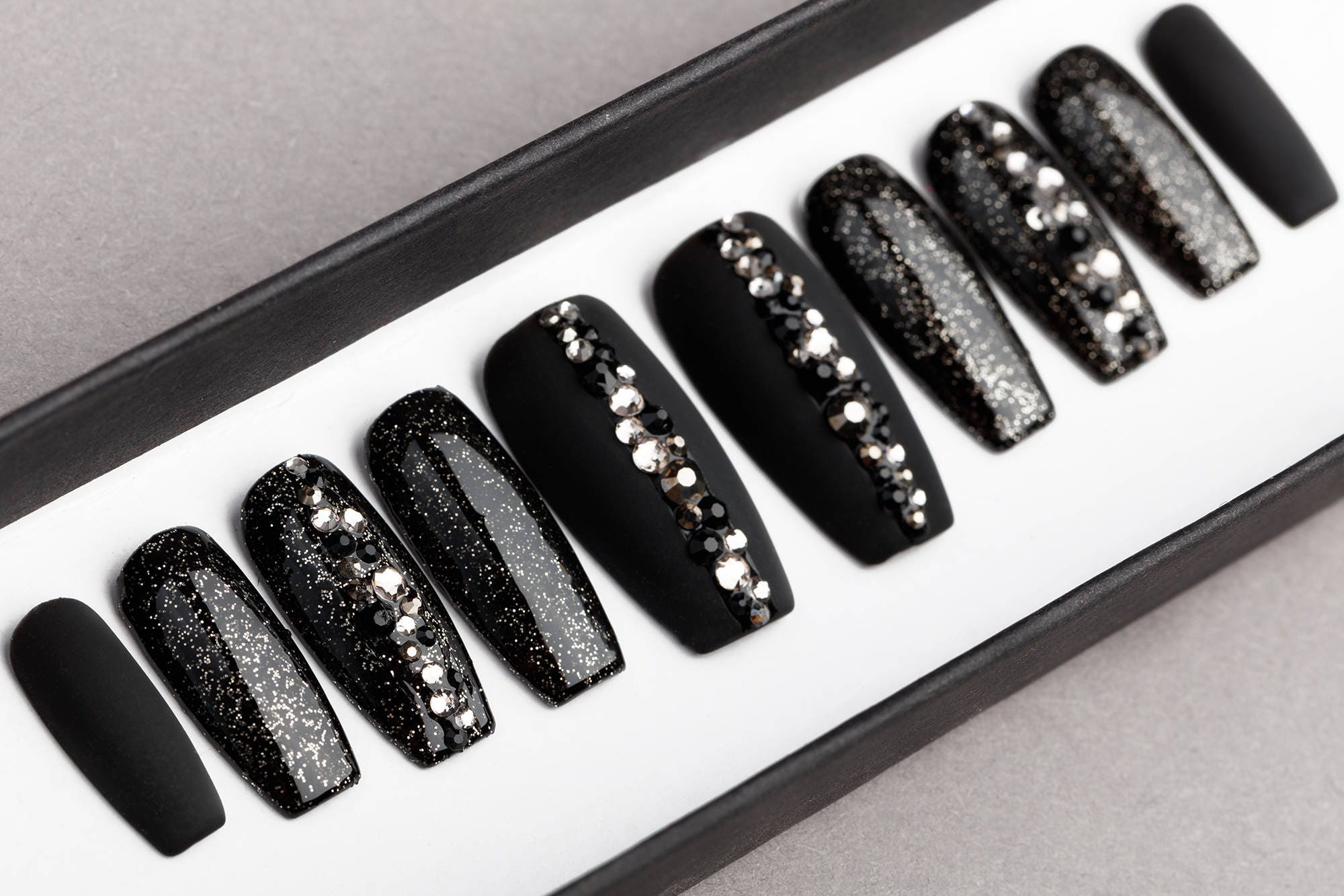 Black Abstract Press On Nails with Rhinestones - Lilium Nails