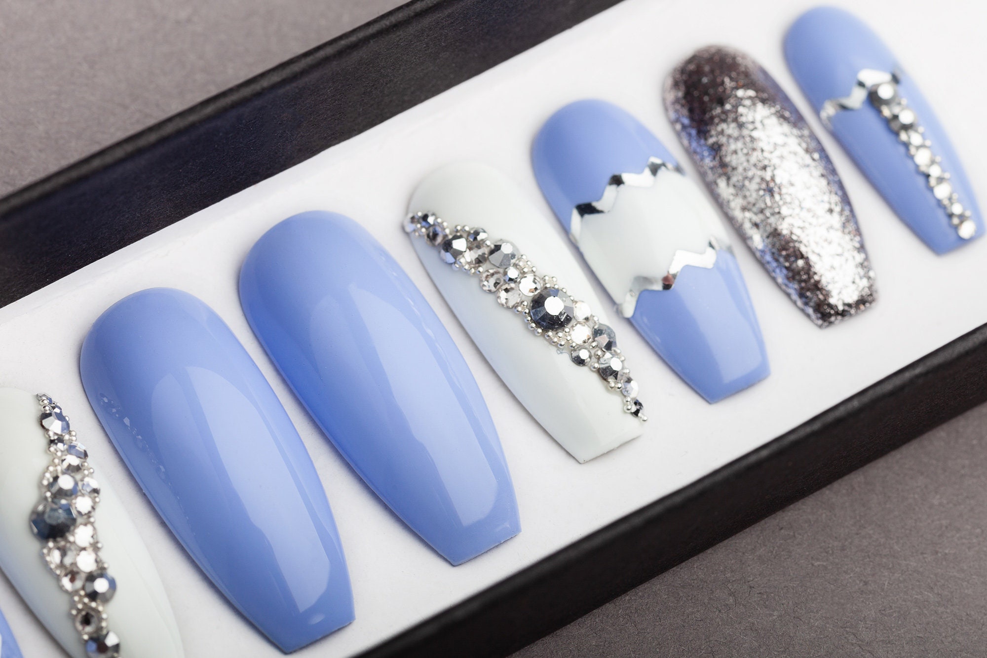 Sky Blue Press on Nails With Rhinestones Hand-painted Nail - Etsy