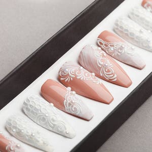 White wedding Press on Nails Fake Nails False Nails Glue On Nails Tracery Nails Gift For Her Gel Nails Bridal nails image 1