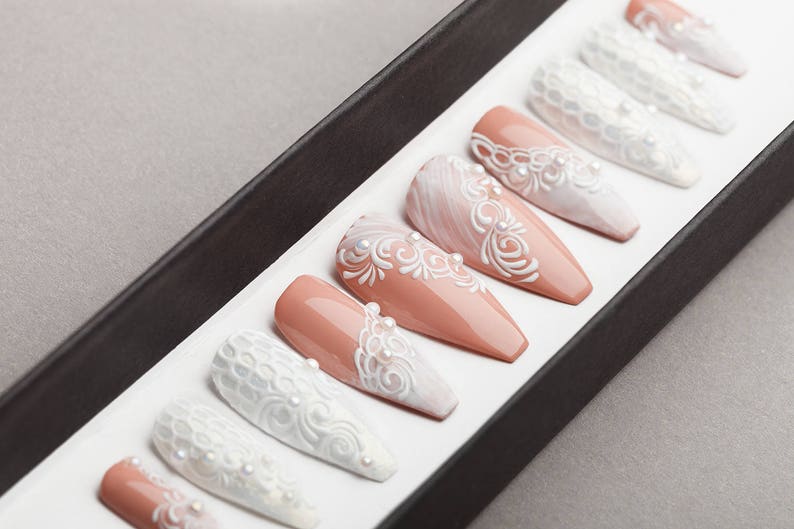 White wedding Press on Nails Fake Nails False Nails Glue On Nails Tracery Nails Gift For Her Gel Nails Bridal nails image 1