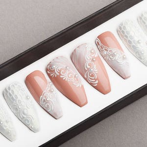 White wedding Press on Nails Fake Nails False Nails Glue On Nails Tracery Nails Gift For Her Gel Nails Bridal nails image 3
