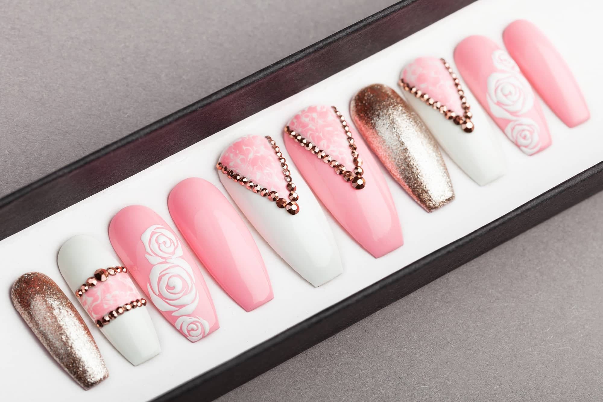 Classy Pink Press on Nails Rose Gold Rhinestones Roses - Etsy