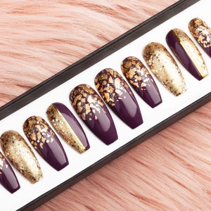 Wine Berry & Gold Press on Nails Hand-painted Nail Art Fake Nails False Nails Glue On Nails image 2