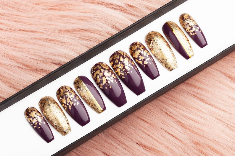 Wine Berry & Gold Press on Nails Hand-painted Nail Art Fake Nails False Nails Glue On Nails image 2