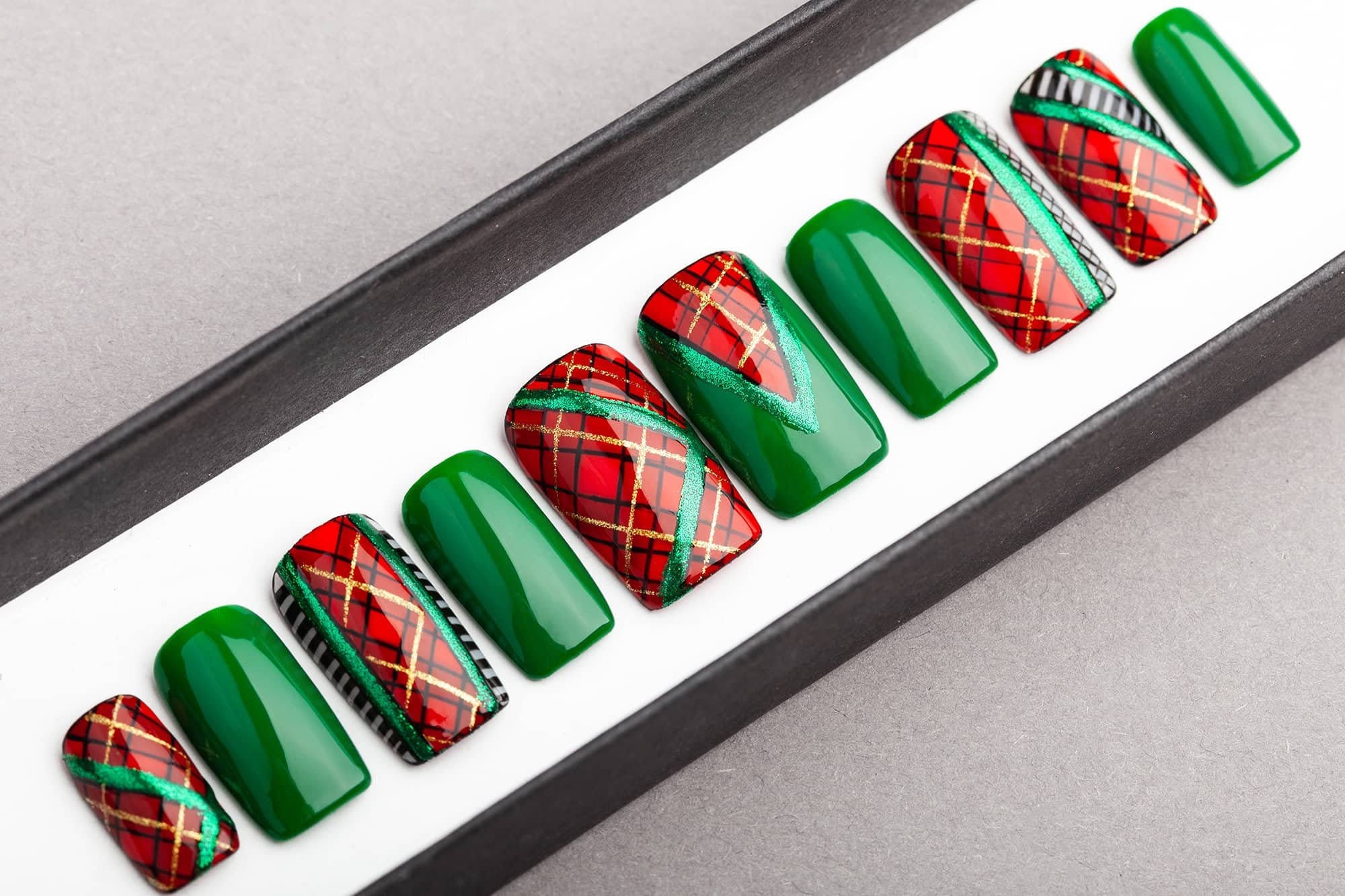 Plaid Press on Nails christmas Edition Plaid Nails Hand - Etsy