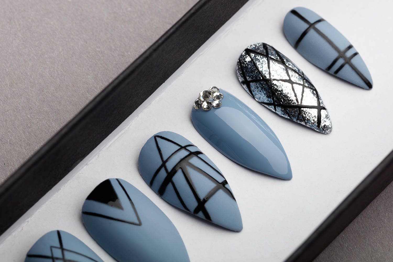 Gothic Geometry Press on Nails With Rhinestones Black | Etsy