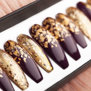 Wine Berry & Gold Press on Nails Hand-painted Nail Art Fake Nails False Nails Glue On Nails image 3