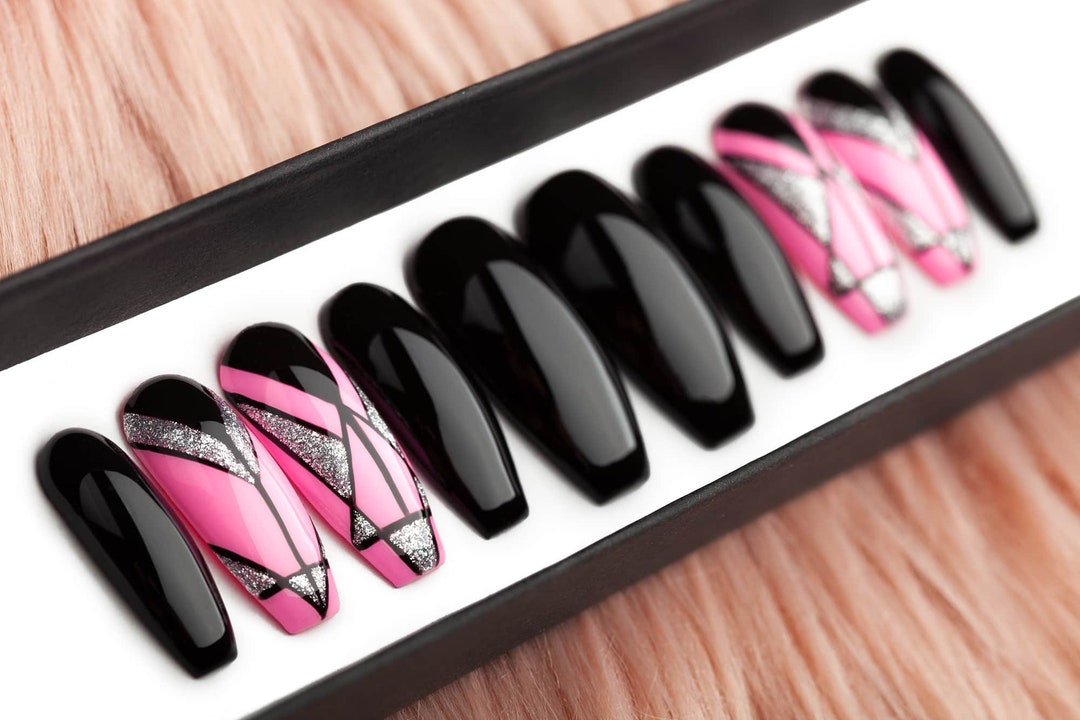 Pink & Black Ornament Press on Nails Hand Painted Nail Art Fake Nails False Nails - Etsy