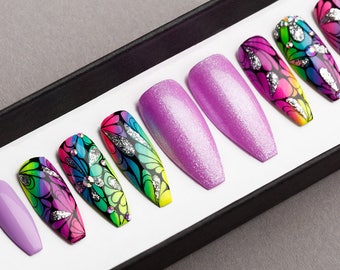 Tropical Purple Press on Nails with Glitters  • Handpainted Nail Art • Fake Nails • False Nails • Abstract Nail Art • Bling Nails