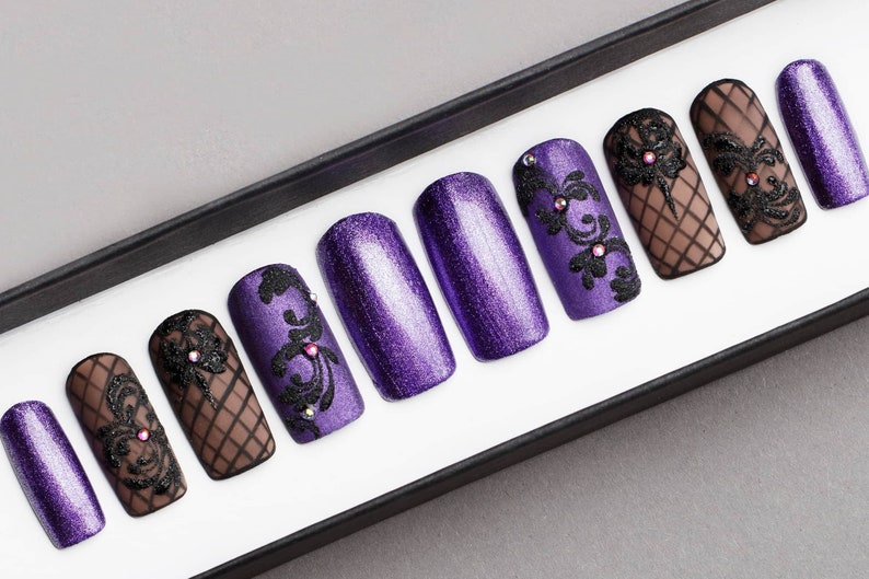 Violet Glitter Press on Nails with Rhinestones Black Pattern Hand painted Nail Art Fake Nails False Nails image 1