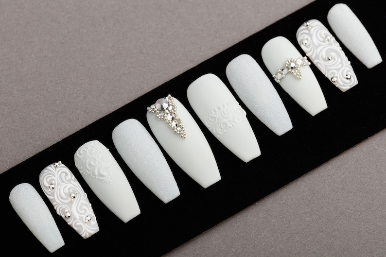 All White Press on Nails with Rhinestones Wedding nails Etsy