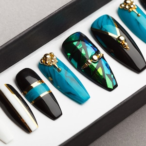 Fabulous Turquoise Press on Nails Fake Nails False Nails Glue On Nails Shattered Glass Handpainted Nail Art image 1