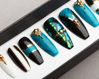 Fabulous Turquoise Press on Nails • Fake Nails • False Nails • Glue On Nails • Shattered Glass • Handpainted Nail Art