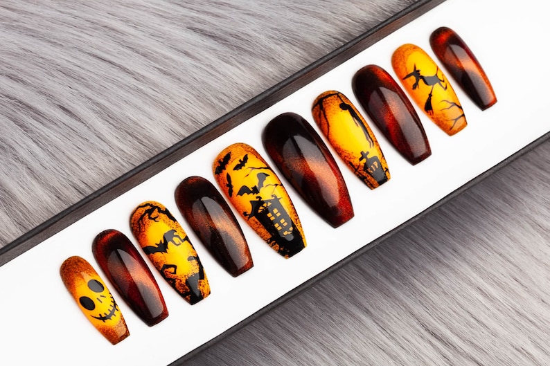 Halloween Town Press On Nails With Glitter Effect Witches Etsy