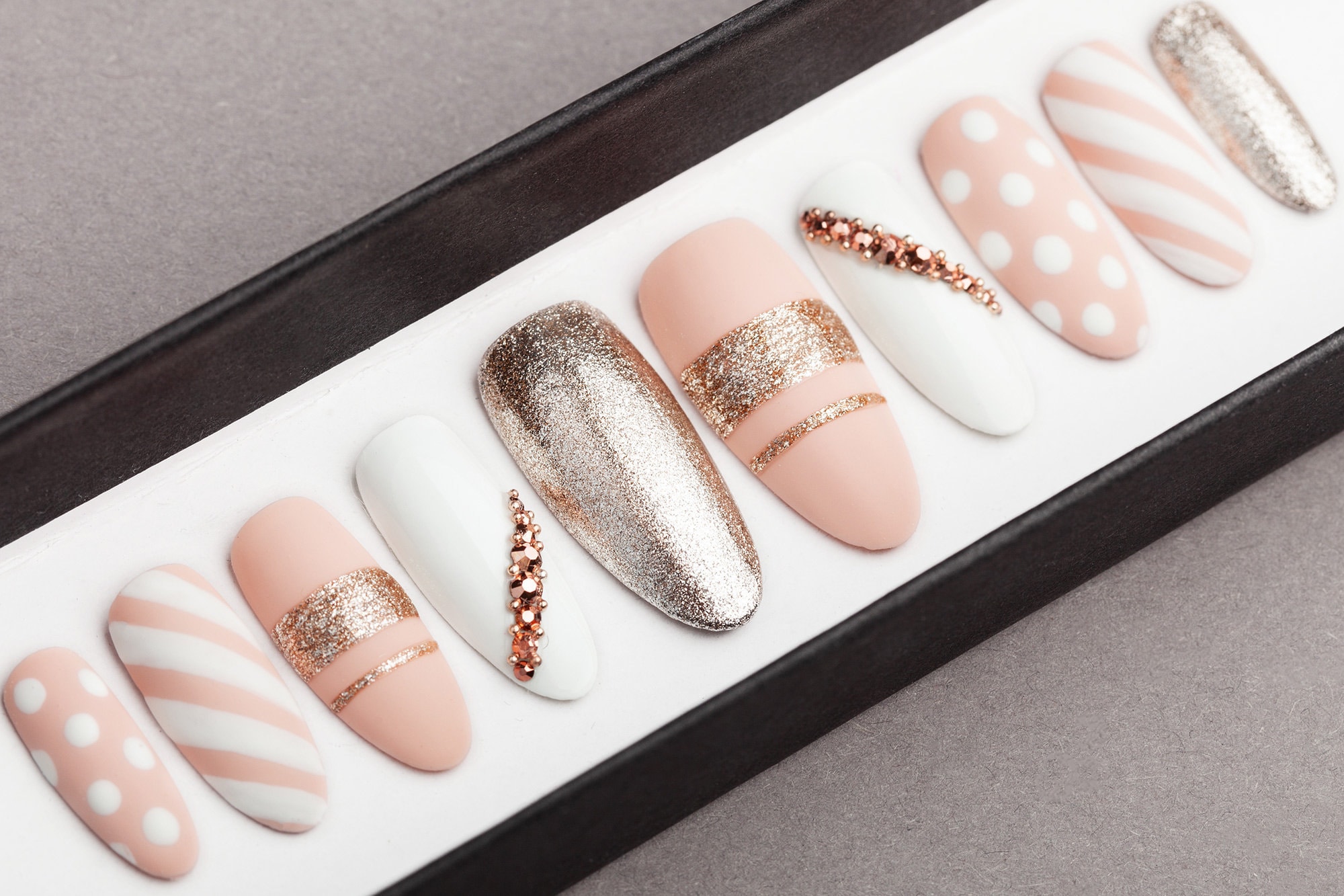 Nails With Rose Gold Rhinestones 