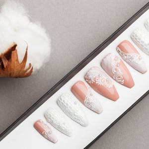 White wedding Press on Nails Fake Nails False Nails Glue On Nails Tracery Nails Gift For Her Gel Nails Bridal nails image 2