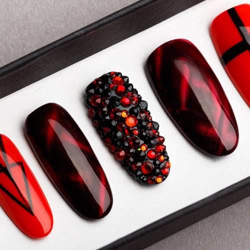 Red & Black Geometry Press on Nails With Rhinestones Hand - Etsy