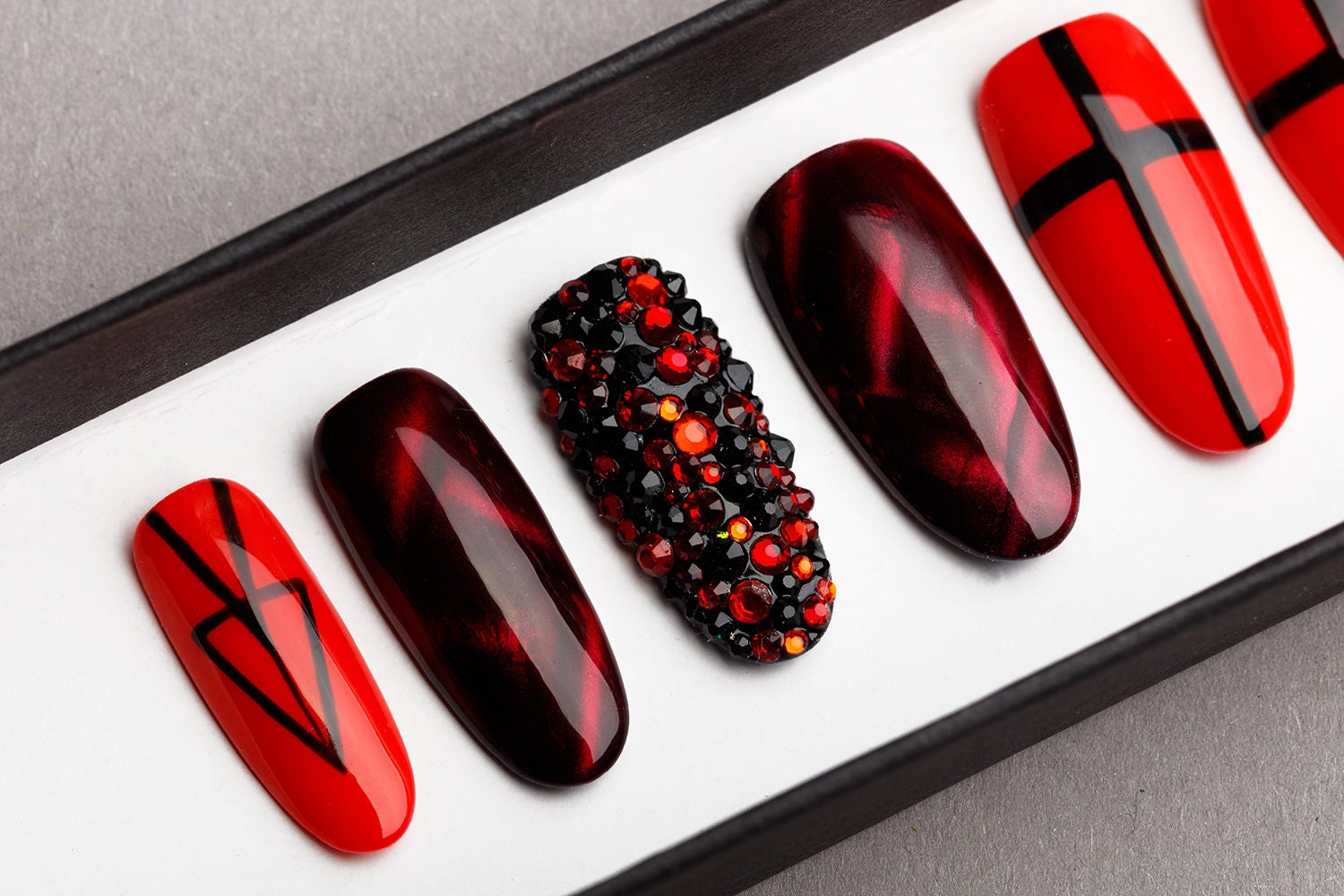 Red & Black Press on Nails with Swarovski Crystals Hand | Etsy