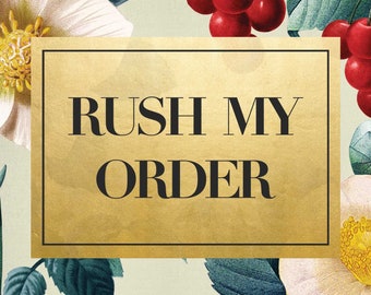 Puede incluir: Un letrero de color dorado con borde negro y el texto "Rush My Order" en letras negras.