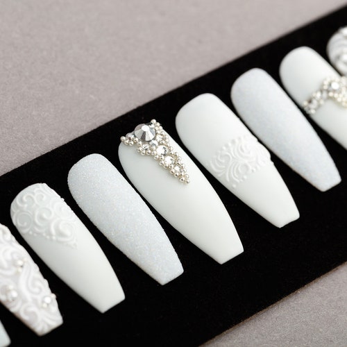 Luxury Beige Press on Nails With Black Rhinestones Wedding - Etsy