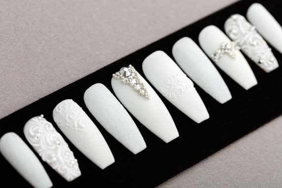 All White Press on Nails With Rhinestones Wedding Nails - Etsy All White Press on Nails With Rhinestones Wedding Nails - Etsy