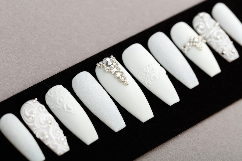 All White Press on Nails With Rhinestones Wedding Nails Etsy UK