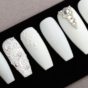 All White Press on Nails With Rhinestones Wedding Nails Fake Nails ...
