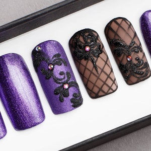 Violet Glitter Press on Nails with Rhinestones Black Pattern Hand painted Nail Art Fake Nails False Nails image 3
