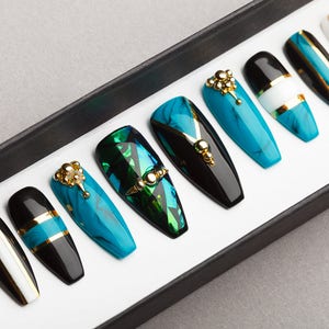 Fabulous Turquoise Press on Nails Fake Nails False Nails Glue On Nails Shattered Glass Handpainted Nail Art image 3