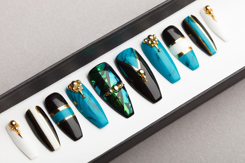 Fabulous Turquoise Press on Nails Fake Nails False Nails Glue On Nails Shattered Glass Handpainted Nail Art image 3