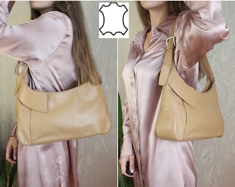 Vintage Genuine Leather camel Handbag Women's Classic daily beige Shoulder Bag Everyday genuine Leather Purse with adjustable shoulder strap