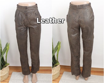 vintage Brown Genuine Leather Biker Pants 34 xs 6 taille 90s vintage Rocker Women’s Grunge Straight Leg High Waist Pantalon de moto