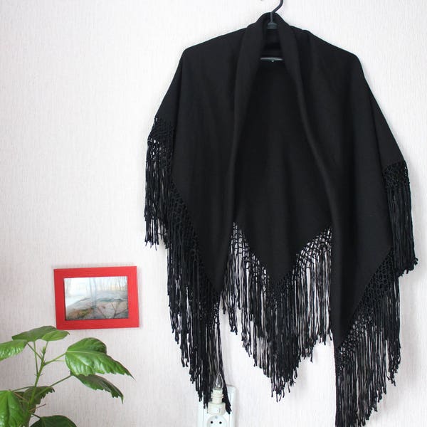 Soviet Vintage Victorian style jet black shawl antique fringe shawl steampunk gotic Large Shawl Headscarf Woman's shawl Russian Scarf shawl