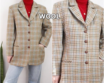 90s Vintage womens Rare Pure Wool beige tartan Long Maxi Blazer Jacket Button Up size M L