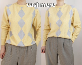 Vintage gelbe Raute Print CASHMERE StrickPullover M L Größe Vintage Damen pink Pullover Langarm Pullover 60er Mod Pullover