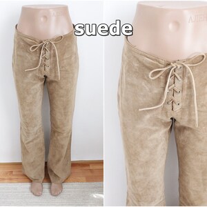 90&#39;s Vintage women&#39;s brown beige suede leather mid waist straight leg I 46 Gb  Grunge jeans 1990&#39;s womens y2k trends