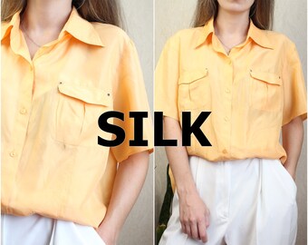 90' s Vintage Womens Silk Blouse with short sleeves Top large yellow silk blouse size XL L 46. NL 44