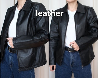 Black Leather Jacket women S M 10 36 38 vintage 90s biker leather jacket casual  vintage clothing retro rocker jacket size medium