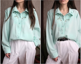 Vintage lace collar blouse mint lace blouse long sleeve blouse 52 54 XXL size 90's romantic blouse 80s turquoise Blouse Sailor Collar blouse
