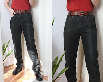 Calças de motociclista de couro fosco genuíno preto vintage 30 l tamanho 90s vintage rocker grunge perna reta cintura alta calças de motocicleta